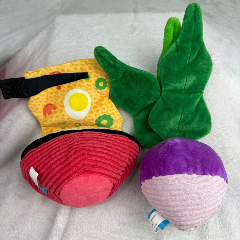 BARK Dog Toy Lot 7pc Plush Squeaker Pizza Ramen Arcade Wizard Remote Turnip